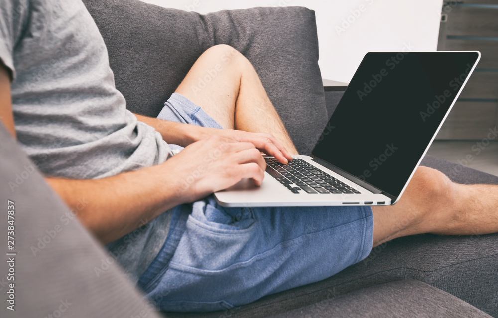 Naklejka premium The young man is sitting on the sofa and working with laptop