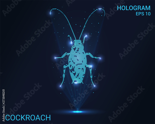 Hologram cockroach. Holographic projection of a cockroach. Flickering energy flux of particles. Scientific insect design.