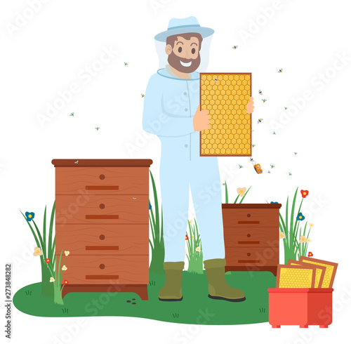 Beekeeping vector, man wearing protective costume apiarist with bees making honey. Organic farming and production of person flat style. Apiary farm. Wooden dipper and apiarist in protect suit and mask