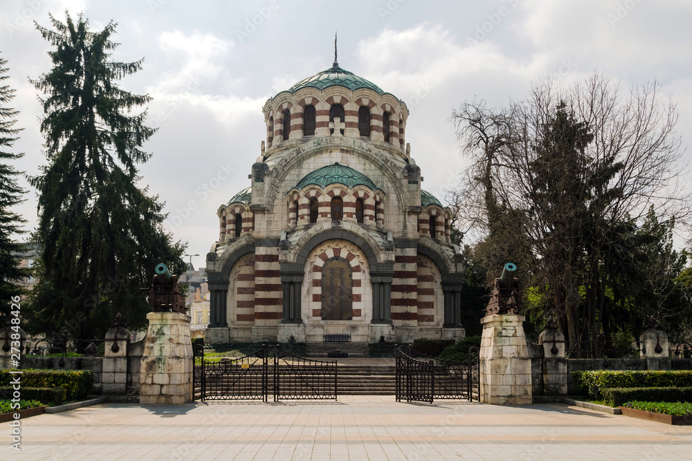 St. George the Conqueror Chapel Mausoleum in the city of Pleven, Bulgaria. Orthodox church in the city, memorial - The Eternal Fire