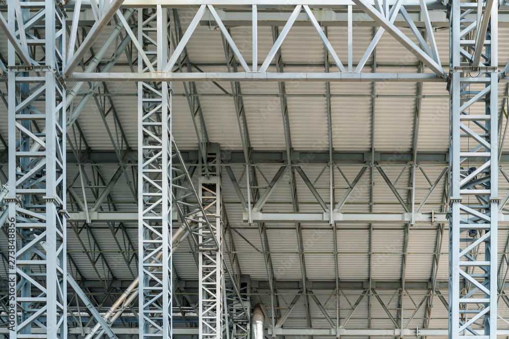 Warehouse metal roofing, Large steel roof structure, bottom view with commercial factory building roof Warehouse metal roofing, Large steel roof structure, bottom view with commercial factory building roof