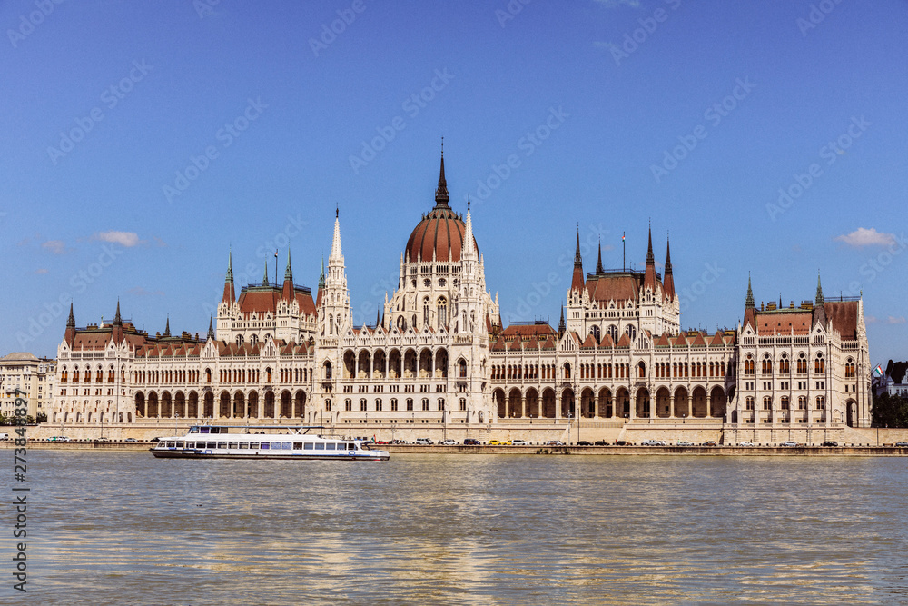 The Hungarian Parliament Building on the bank of the Danube in Budapest.