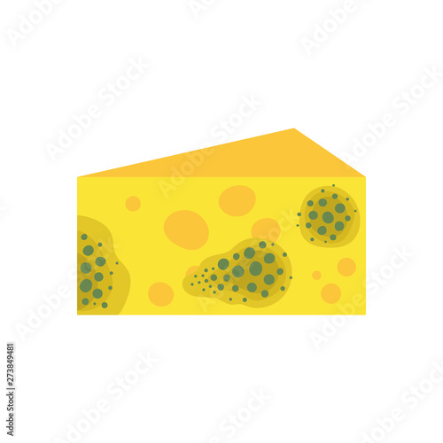 A spoiled piece of mouldy cheese . Flat on a white background.