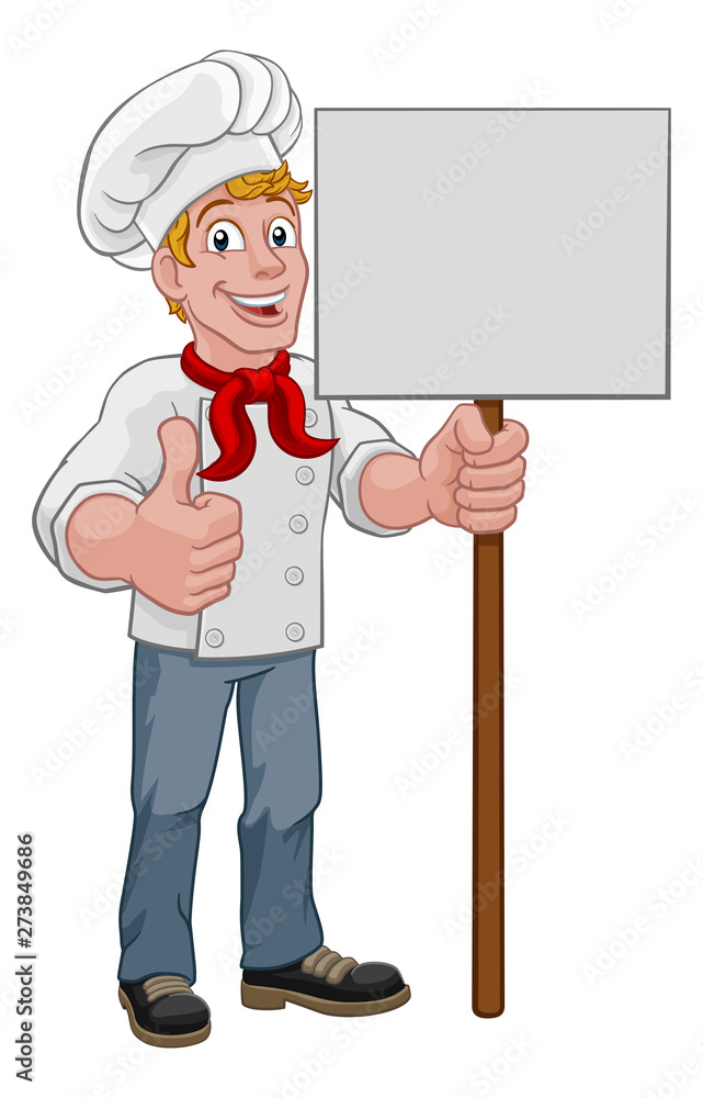A chef cook or baker cartoon character mascot holding a sign and gving a thumbs up A chef cook or baker cartoon character mascot holding a sign and gving a thumbs up