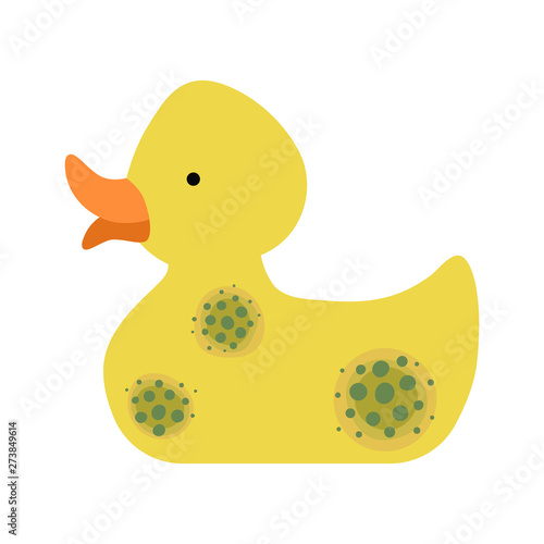 Rubber baby duck with mold. Flat on a white background.