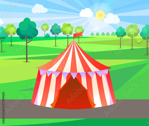Fine weather at amusement park vector, tent with stripes decorated with flags, spring entertainment and relaxation. Place to see tricks, circus in forest