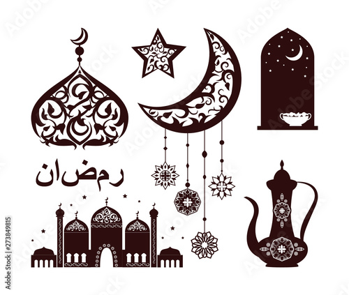 Traditional islamic elements, ornamented crescent moon with curved lines and flowers hanging on threats, mosque window isolated on vector illustration