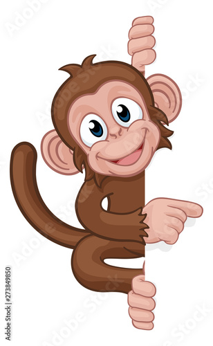 A monkey cartoon character animal behind a sign peeking around and pointing at it