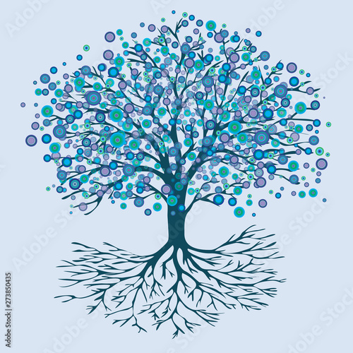 Canvas Print A vector illustration of a tree of life with abstract round blue flowers