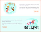 Hot summer vector, man laying on surfing board surfer on surfboard. People playing water game, waterpolo sport practicing male and female website