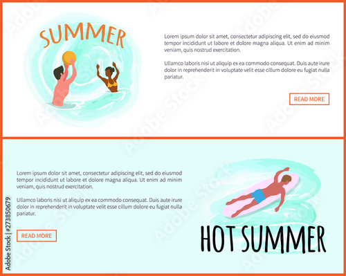 Hot summer vector, man laying on surfing board surfer on surfboard. People playing water game, waterpolo sport practicing male and female website
