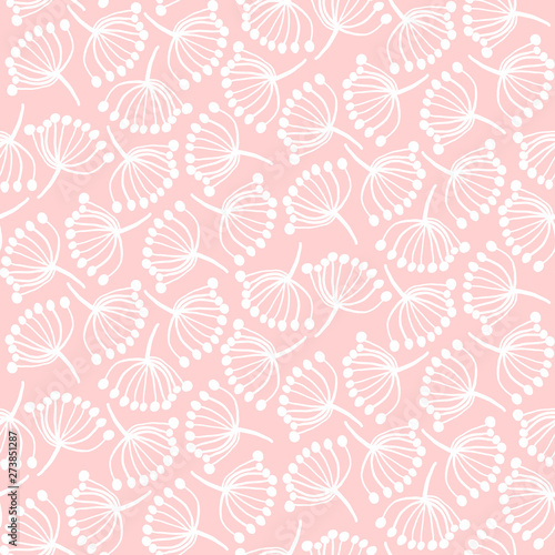 Cute tender pink summer floral seamless pattern with doodle white abstract dandelions. Trendy coral color hand drawn flowers texture for textile, wrapping paper, surface, wallpaper, background