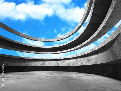 Concrete room wall construction on cloudy sky background