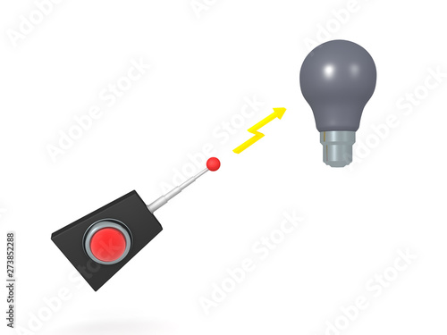 3D Rendering of remote control powering up a lightbulb