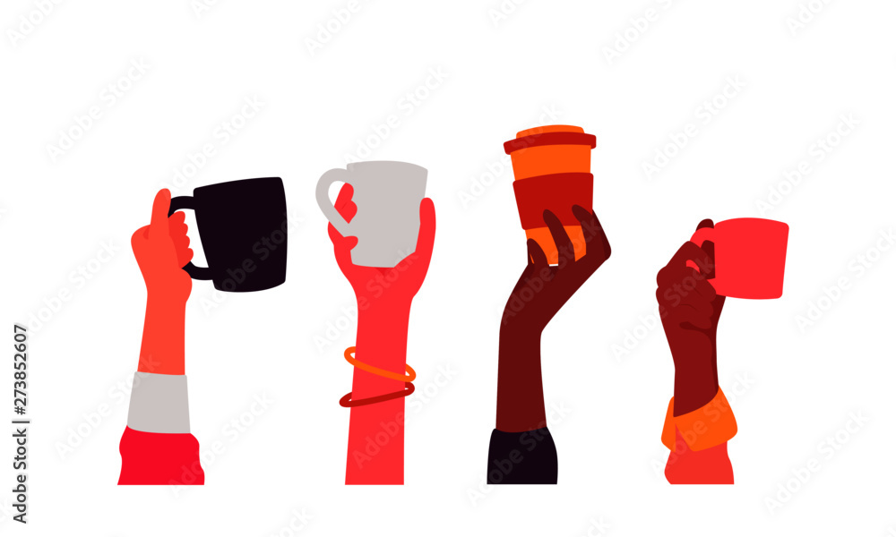 Hands with coffee cups vector illustration. Diverse female hand holding ...