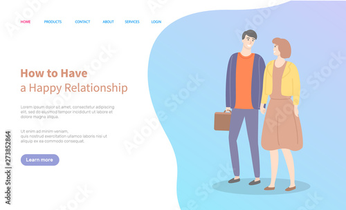 Male and female in love, lady in dress, people in casual cloth walking and flirting. Man and woman holding hands vector couple. Website or webpage template, landing page flat style