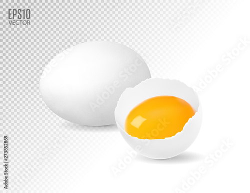 White broken egg with flowing yolk and whole egg on transparent background. Vector eps10 illustration.