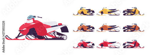 Snowmobile transport set. Motor sled, vehicle for extreme travelling on snow and ice, winter recreation. Vector flat style cartoon illustration isolated on white background, different views and color