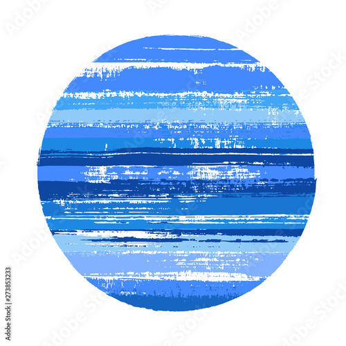 Ragged circle vector geometric shape with stripes texture of ink horizontal lines. Old paint texture disc. Badge round shape circle logo element with grunge stripes background.