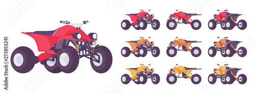 ATV transport set. All terrain motorized vehicle, off highway four wheeler for dunes, trails or track. Vector flat style cartoon illustration isolated on white background, different views and color