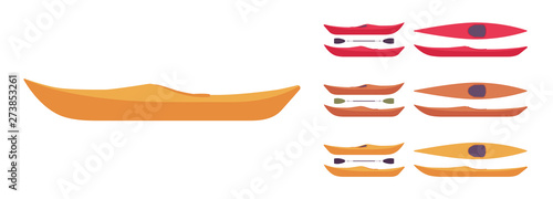 Kayak boat set. Recreational and fishing paddling, relaxing on water, equipment for river adventure. Vector flat style cartoon illustration isolated on white background, different views and color