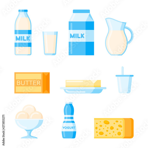 Set of dairy products flat icon isolated on white background. Vector illustration.