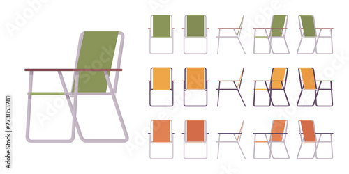 Folding metal chair set. Lightweight, portable seat for picnic and tourism, outdoor event furniture. Vector flat style cartoon illustration isolated on white background, different views and color