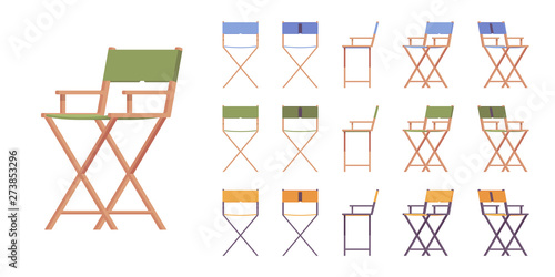 Folding chair set. Home space saving and touristic functional furniture for indoor and outdoor use. Vector flat style cartoon illustration isolated on white background, different views and color