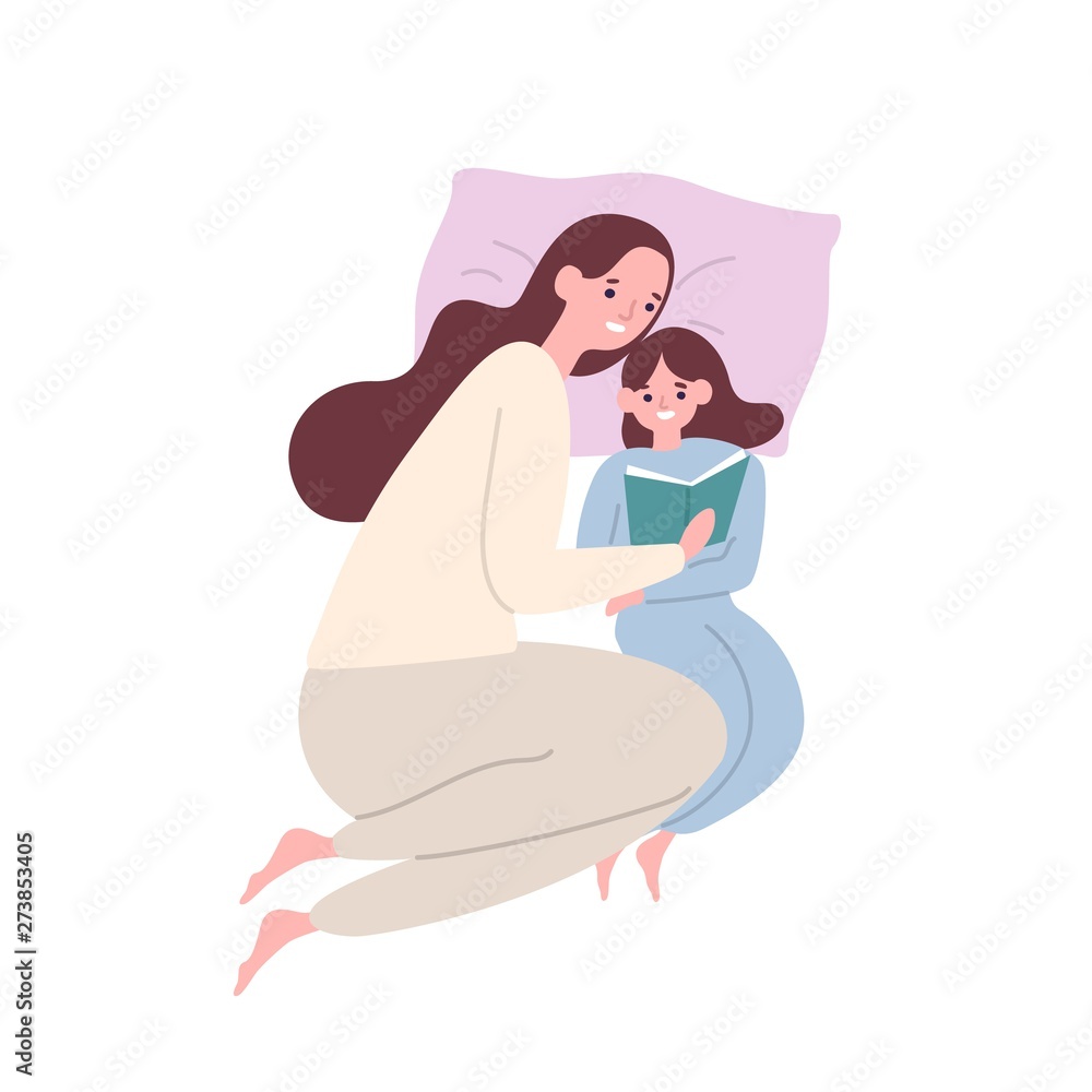 Cute smiling mother and daughter in pyjamas lying in bed and reading book  or fairytale. Happy adorable mom and child spending time together at home.  Flat cartoon colorful vector illustration. Stock Vector |