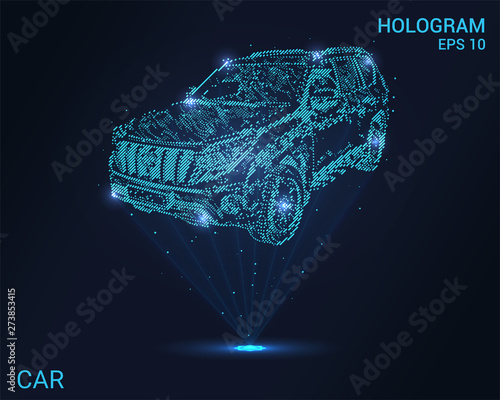 Hologram car. Holographic projection of the car. Flickering energy flux of particles. Scientific transport design.