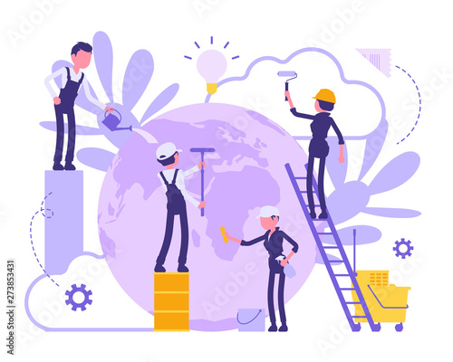 Taking care of nature and environment. Group of young eco conscious people help preserve and protect the Earth green, ecological restoration. Vector abstract illustration with faceless characters