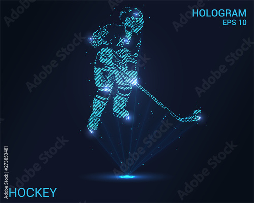 Hologram hockey. Holographic projection of a hockey player. Flickering energy flux of particles. The scientific design of the sport.