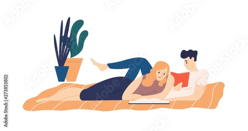 Adorable couple lying on bed and reading books. Young man and woman enjoying literature in evening. Portrait of husband and wife spending time together at home. Flat cartoon vector illustration.