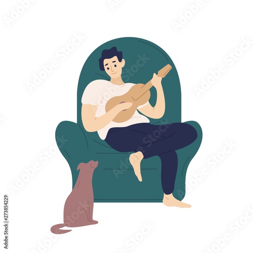 Cute boy sitting in comfy armchair and playing ukulele for his dog. Funny adorable musician with guitar and his domestic animal. Young man relaxing at home. Flat cartoon colorful vector illustration.