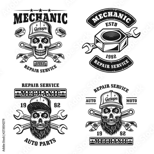 Repair service and mechanic set of vector emblems