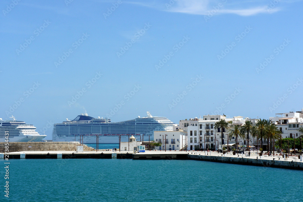 Big ships in a small town.Ibiza Island.Spain.
