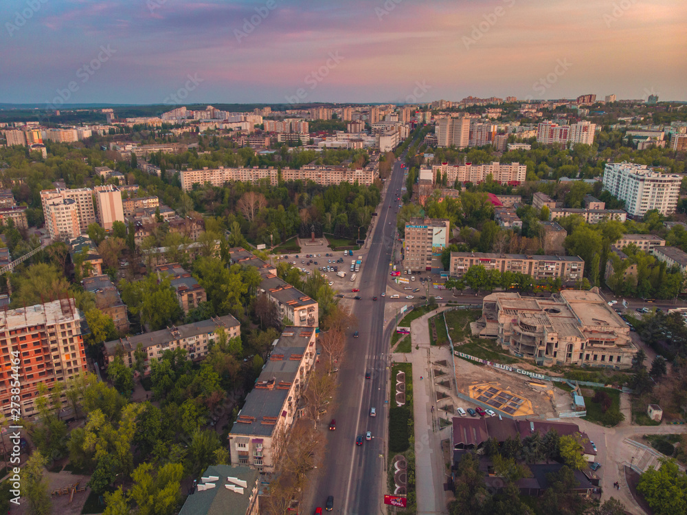 Aerial shot of center in Chisinau City. Presidential Palace and Parliament. Moldova, 2019