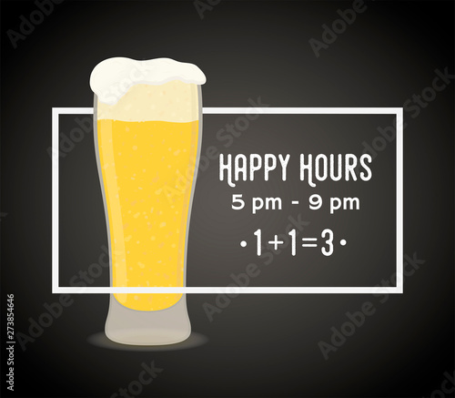 Vector cup of beer, golden frothy alcohol drink