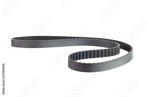 New black rubber circle toothed automotive timing belt isolated on white background without shadow