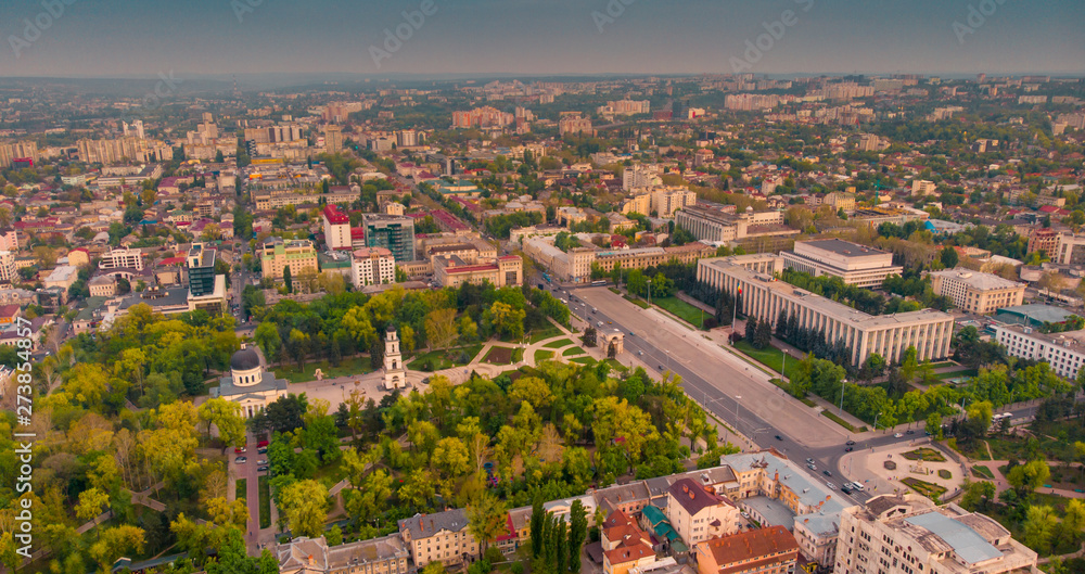 Chisinau Triumphal Arch and Government building in central Chisinau, Moldova, 2019