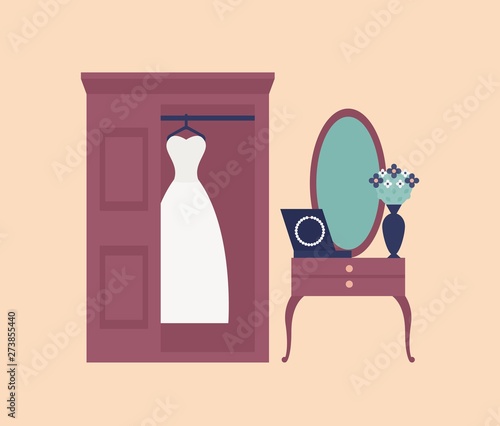 Elegant white wedding dress or gown hanging in wardrobe, wall mirror and dressing table with pearl beads or necklace on it. Bride's morning routine. Flat cartoon colorful vector illustration.