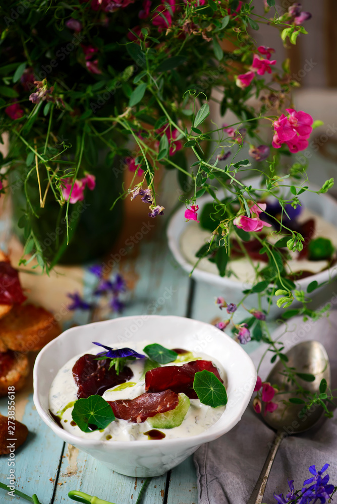 Tzatziki with dried beef.style rustic.selective focus Tzatziki with dried beef.style rustic.selective focus