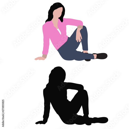 vector, isolated, flat style and silhouette of a girl sitting