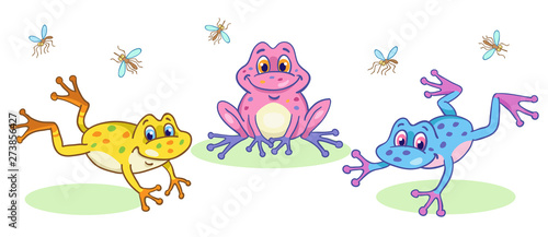 Three colorful frogs in cartoon style sit and jump on white background. Vector illustration.