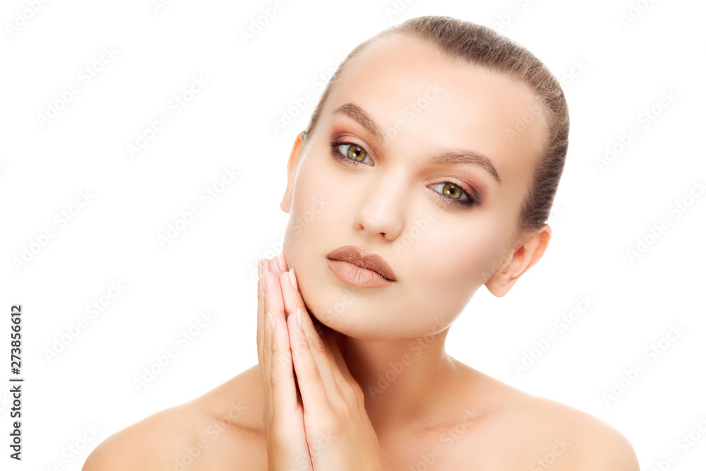 Pretty girl with clean and fresh skin. Skin care concept. Isolated on white background