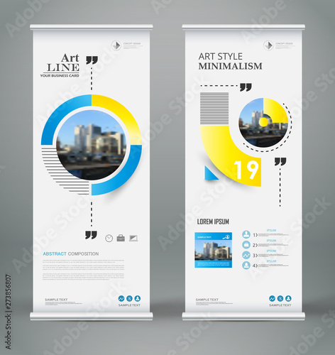 Abstract composition. White roll up brochure cover design. Info banner frame. Text font. Title sheet model set. Modern vector front page. City view brand flag. Circle figures icon. Ad flyer fiber