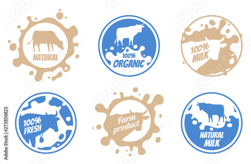 Dairy vintage vector logos, milk badges, cheese packaging labels with farm animal. Dairy badge of set, fresh milk product label and badge illustration.