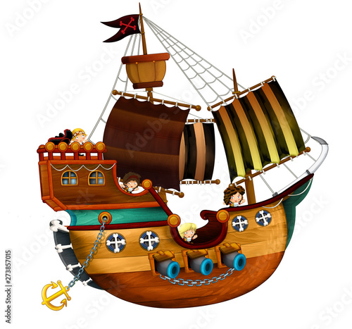 Fotografie Cartoon pirate ship with cannons on white background - illustration for the chil