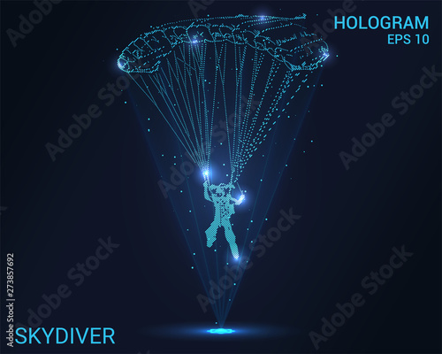 Hologram skydiver. Holographic projection of a parachutist. Flickering energy flux of particles. The scientific design of the sport.