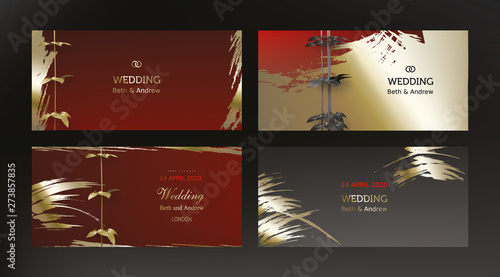 Tropical gold black leaves on vintage background vector. Botanical exotic horizontal design with golden tropic jungle creeper plant stem and paint smear. Wedding ceremony invitation card, holiday sale